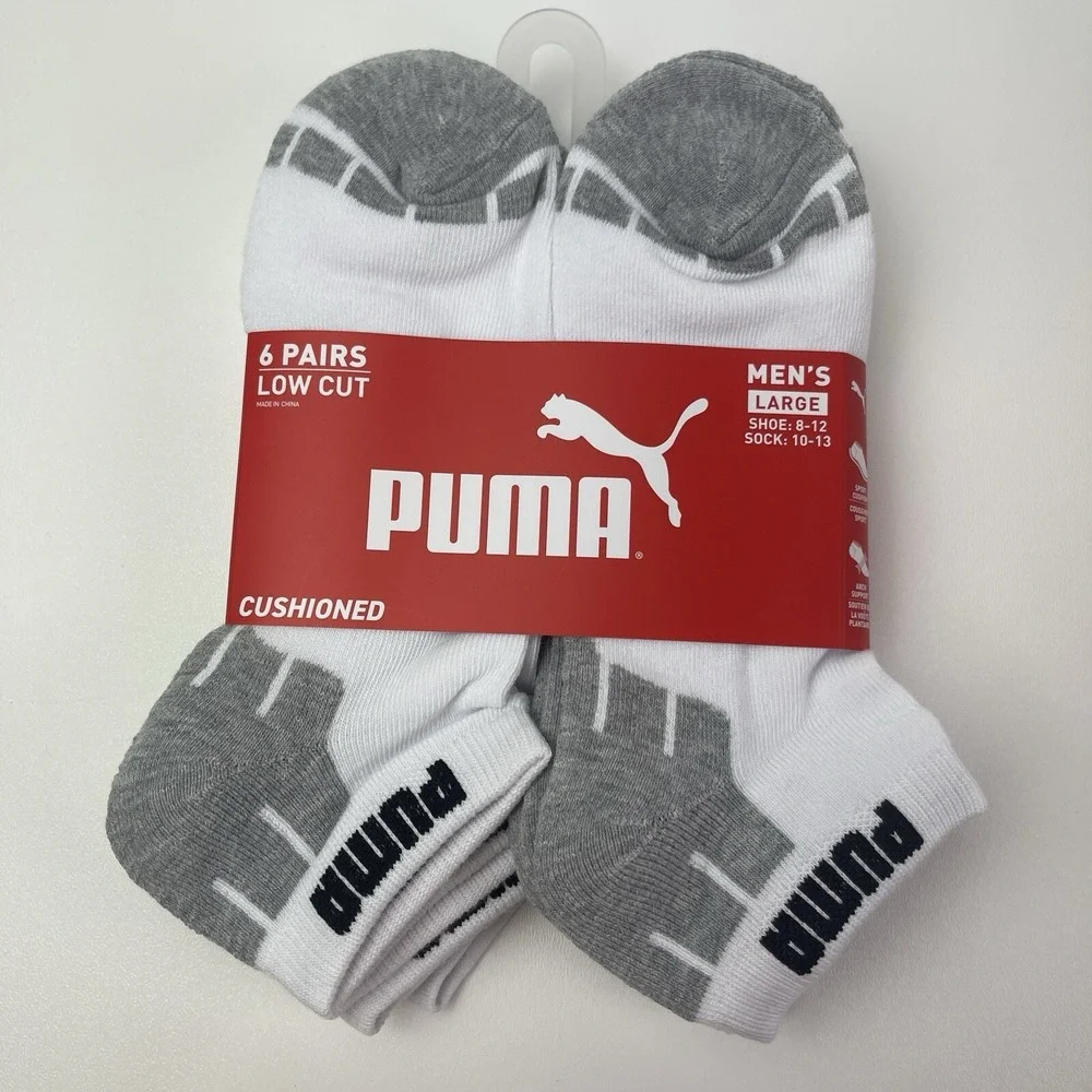 PUMA Mens 6 Pairs Pack‎ Socks Low Cut Cushioned Size 10-13 Shoe 8-12 White Grey